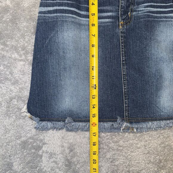 Vintage SO Y2K Mini Denim Jean Skirt Distressed Frayed Trim Sz 9 Preppy - Picture 8 of 8